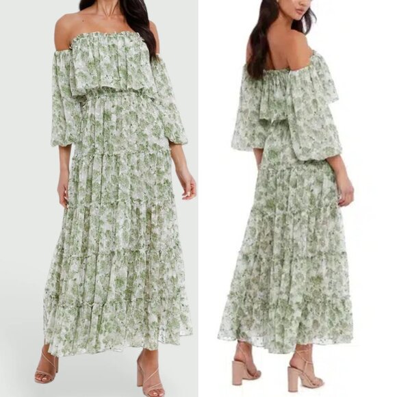Misa Los Angeles Women's Cassandra Green Off Shoulder Dress in Floral Green - Picture 1 of 9